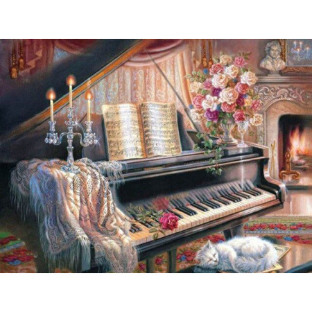 Diamond Painting Piano Bloemen En Chandelier