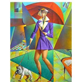 Diamond Painting Parapluvrouw en hond in Picasso-stijl