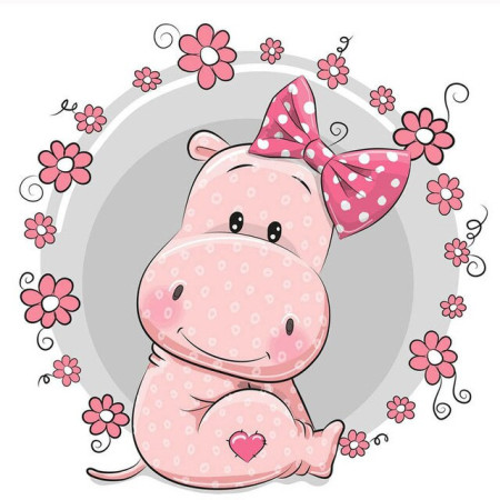 Diamond Painting Baby Hippopotamus Roze bloemen